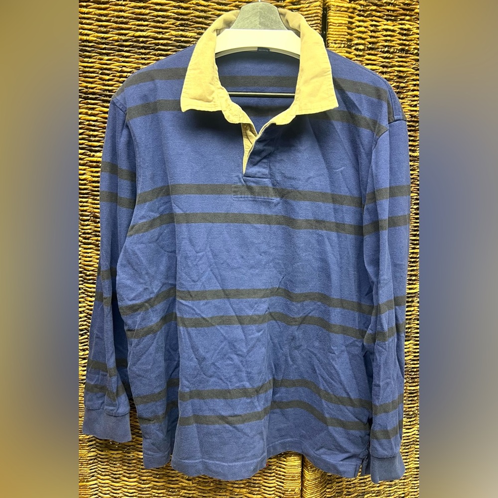 Lands End-Rugby, Men's Blue/Navy-Tan Collar (corduroy) Striped Shirt, XL (46-48)
